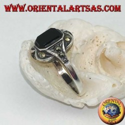 Silver ring with rectangular onyx with marcasites on the corners and sides