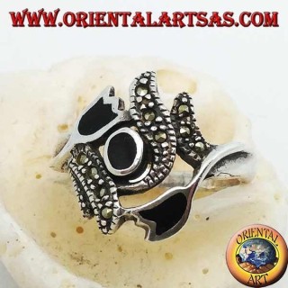 Silver ring with oval onyx between two onyx tulips and stems with marcasites