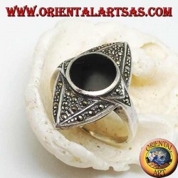 Silver ring rhombus in the ellipse studded with marcasites with central round onyx