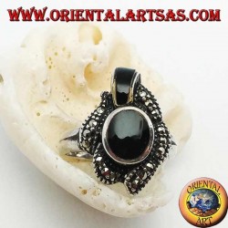 Silver ring with oval onyx surrounded by marcasites and an onyx band