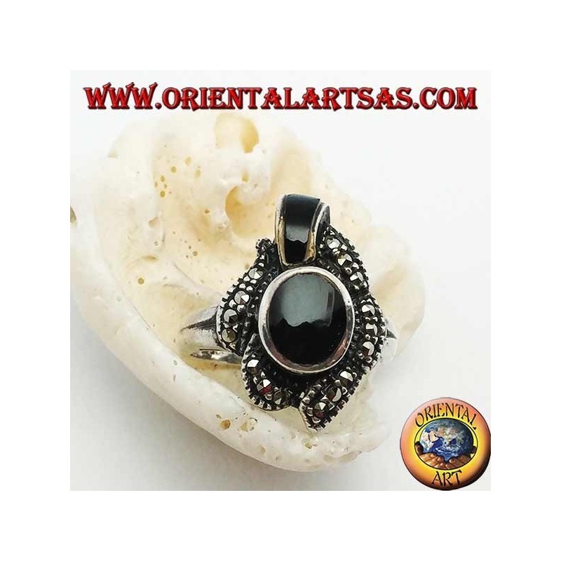 Silver ring with oval onyx surrounded by marcasites and an onyx band