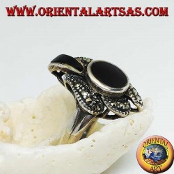 Silver ring with oval onyx surrounded by marcasites and an onyx band