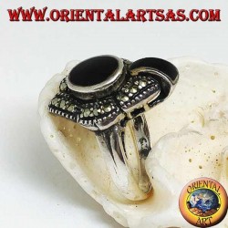 Silver ring with oval onyx surrounded by marcasites and an onyx band