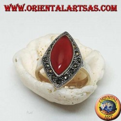 Rhomboidal silver ring with shuttle carnelian surrounded by a row of marcasite