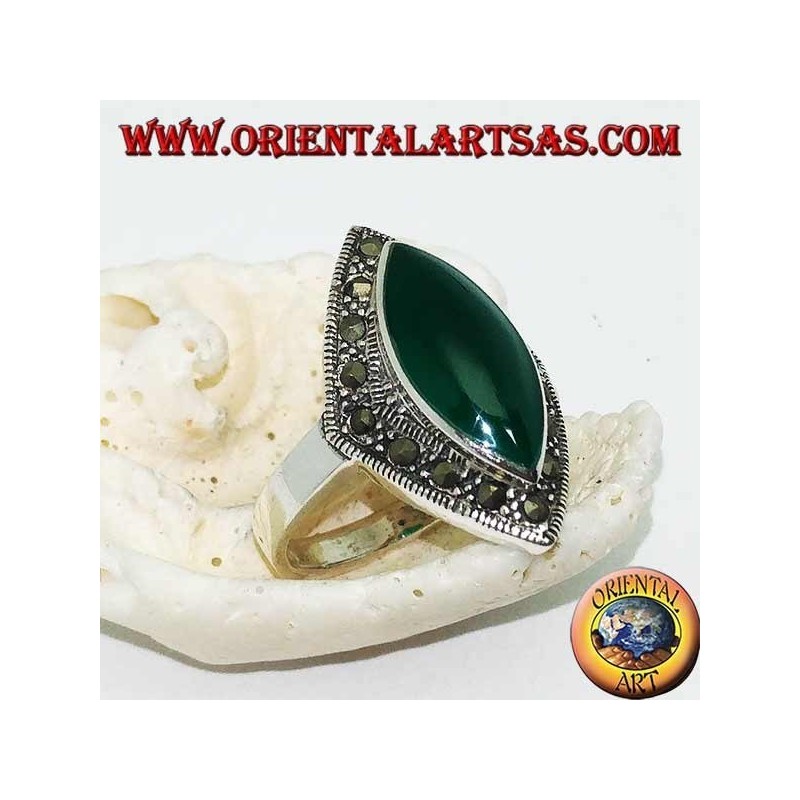 Rhomboidal silver ring with green shuttle agate surrounded by a row of marcasite