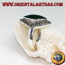 Rhomboidal silver ring with green shuttle agate surrounded by a row of marcasite