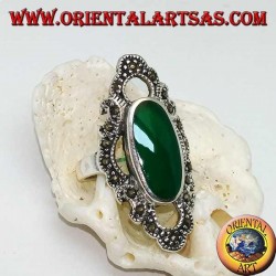 Silver ring with elongated oval green agate surrounded by a wavy line of marcasite