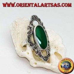 Silver ring with elongated oval green agate surrounded by a wavy line of marcasite