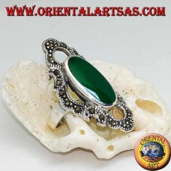 Silver ring with elongated oval green agate surrounded by a wavy line of marcasite