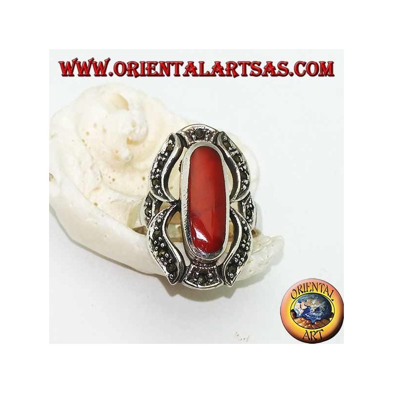 Silver ring with oval carnelian lengthened in a marcasite eight