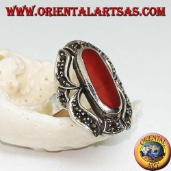 Silver ring with oval carnelian lengthened in a marcasite eight