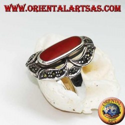 Silver ring with oval carnelian lengthened in a marcasite eight