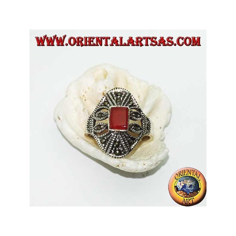 Silver ring with rectangular carnelian and geometric decorations perforated with marcasite