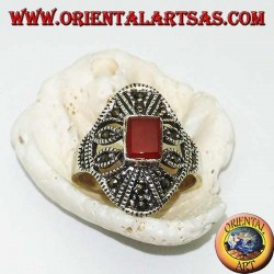 Silver ring with rectangular carnelian and geometric decorations perforated with marcasite
