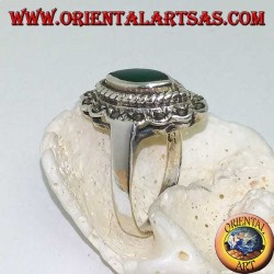 Silver ring with green shuttle agate surrounded by braid and a row of marcasite