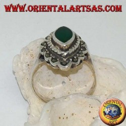 Silver ring with green shuttle agate surrounded by braid and a row of marcasite