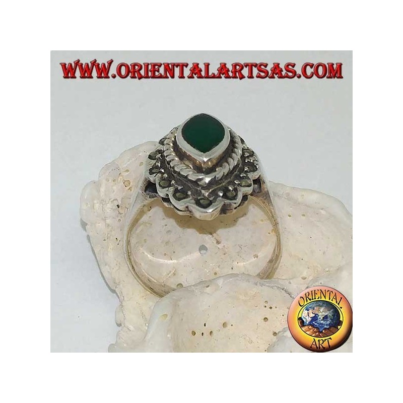 Silver ring with green shuttle agate surrounded by braid and a row of marcasite