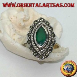 Silver ring with green shuttle agate surrounded by braid and a row of marcasite