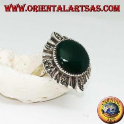 Silver ring with round green agate surrounded by alternating silver and marcasite lines