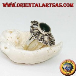 Silver ring with oval green agate on an openwork setting with marcasites