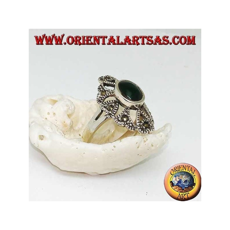 Silver ring with oval green agate on an openwork setting with marcasites