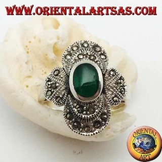 Silver ring with oval green agate on a round frame studded with marcasite
