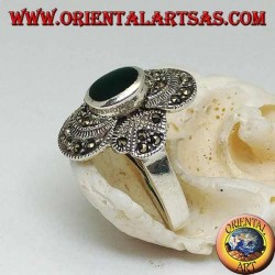 Bague en argent avec agate verte ovale sur une monture ronde parsemée de marcassite