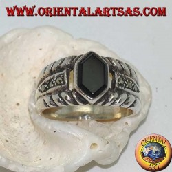 Silver banded ring with hexagonal onyx and marcasite on the sides