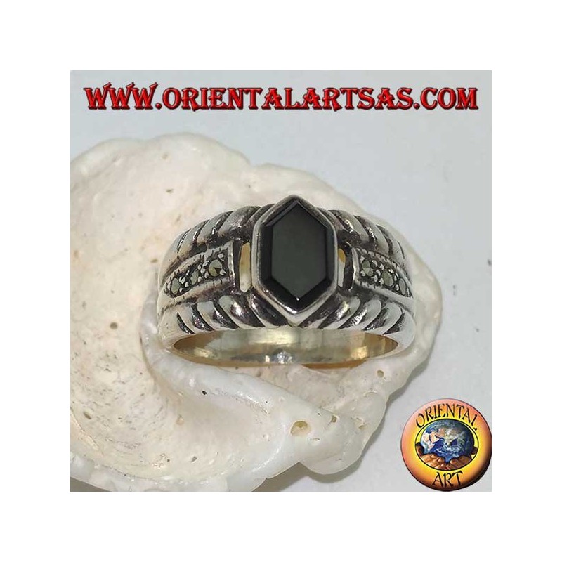 Silver banded ring with hexagonal onyx and marcasite on the sides