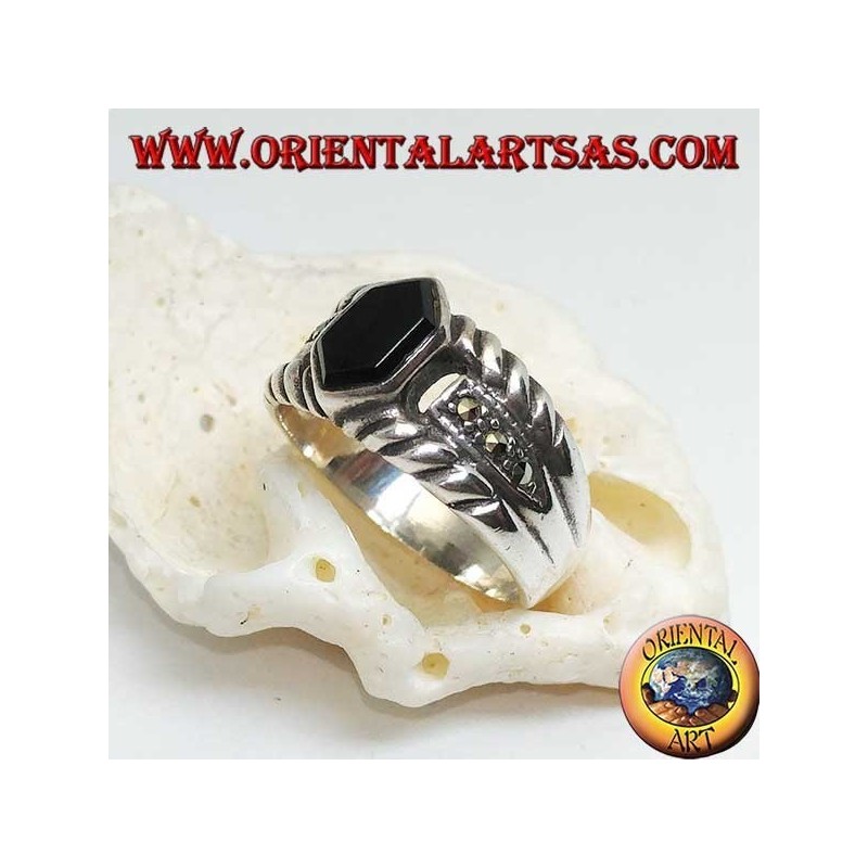 Silver banded ring with hexagonal onyx and marcasite on the sides