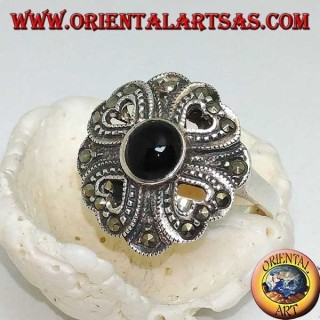 Silver ring with round onyx surrounded by four openwork and marcasite hearts