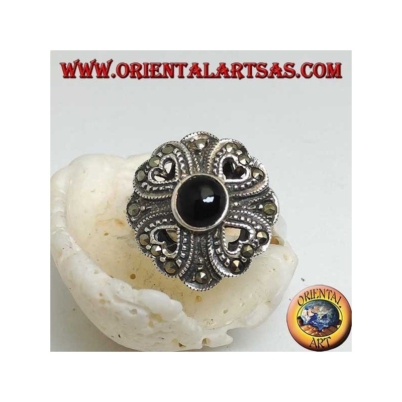 Silver ring with round onyx surrounded by four openwork and marcasite hearts