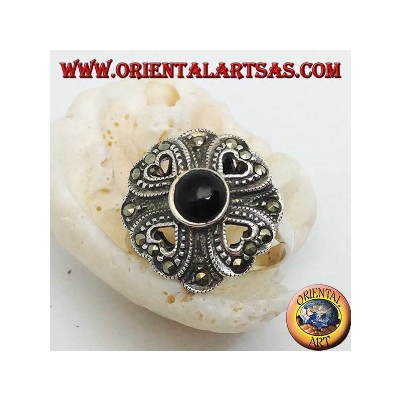 Silver ring with round onyx surrounded by four openwork and marcasite hearts