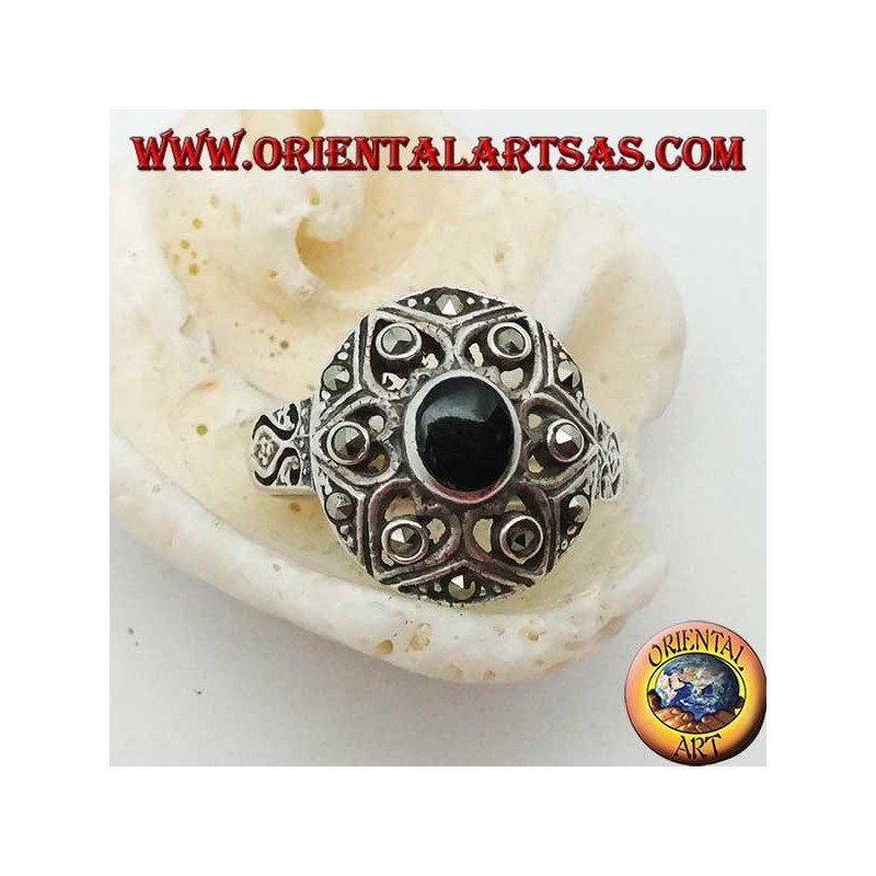 Anello in argento scudo di David con onice ovale e marcassite sulle sei punte della stella 