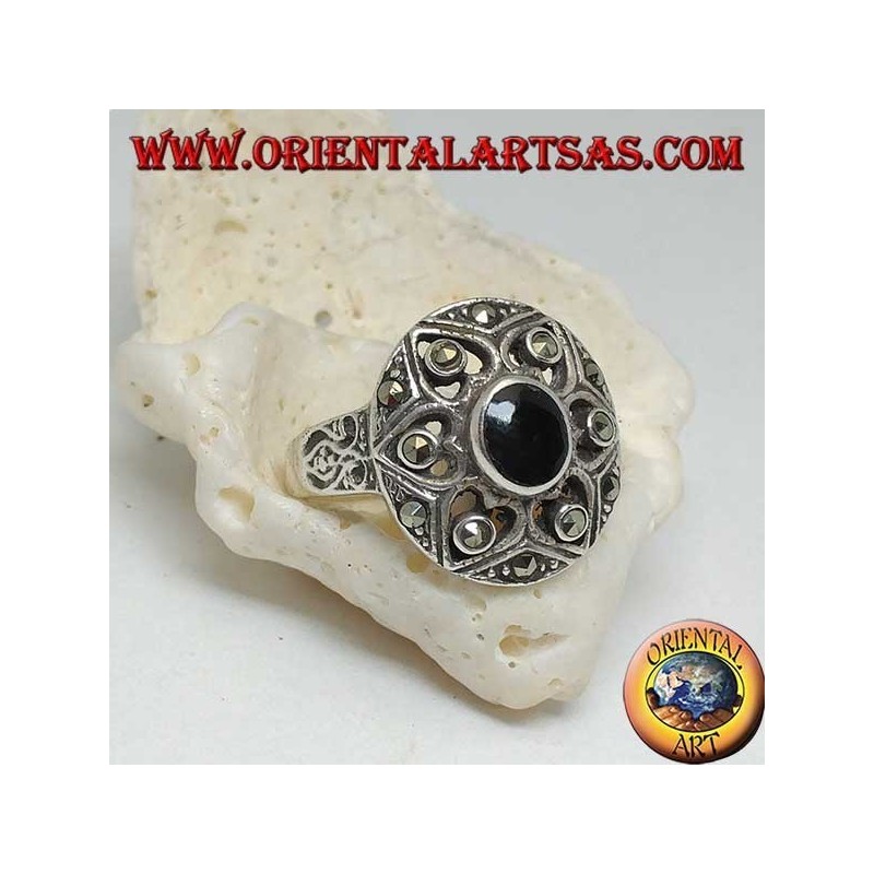 Anello in argento scudo di David con onice ovale e marcassite sulle sei punte della stella