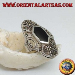 Elliptical silver ring with hexagonal onyx and marcasite and perforated heart on the sides