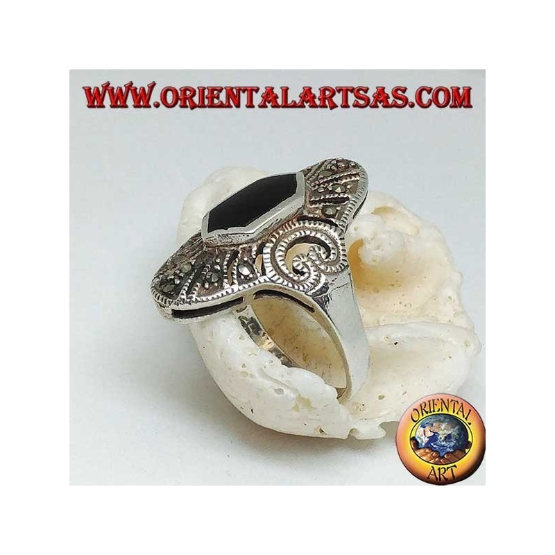 Elliptical silver ring with hexagonal onyx and marcasite and perforated heart on the sides