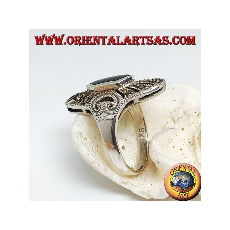Elliptical silver ring with hexagonal onyx and marcasite and perforated heart on the sides