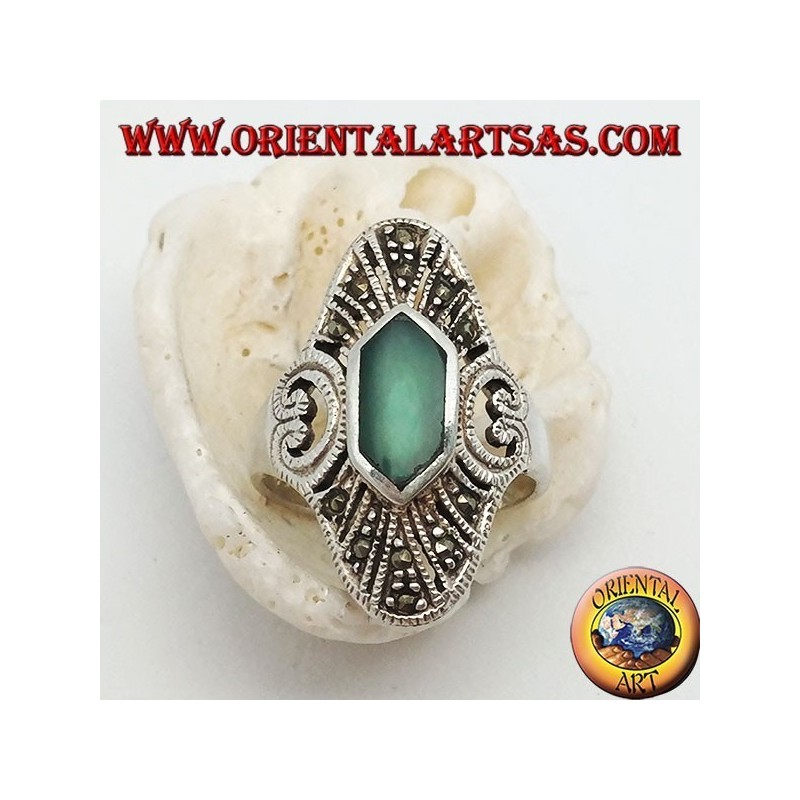 Elliptical silver ring with hexagonal and marcasite green agate and openwork heart on the sides