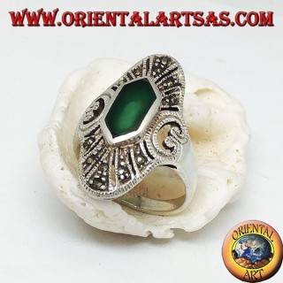 Elliptical silver ring with hexagonal and marcasite green agate and openwork heart on the sides