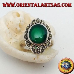 Silver ring with oval green agate surrounded by ellipses with marcasite