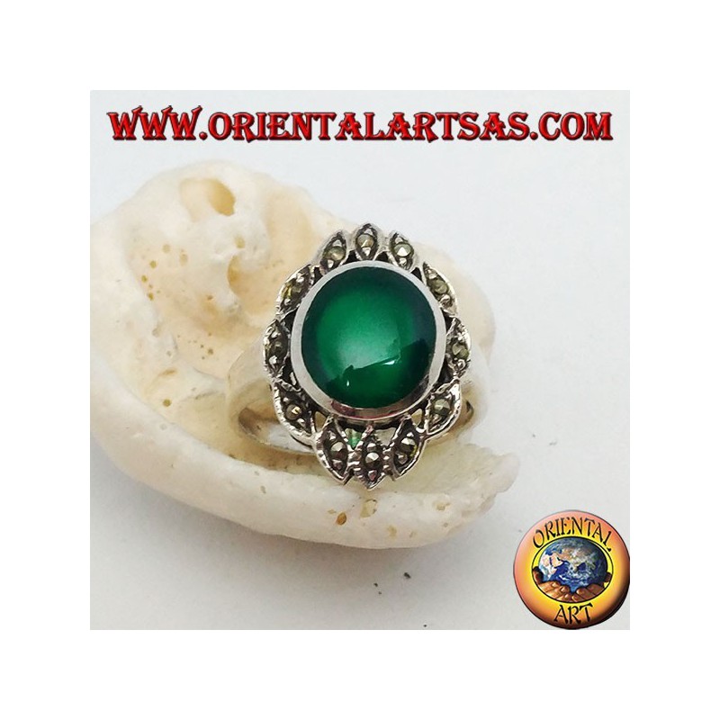 Silver ring with oval green agate surrounded by ellipses with marcasite