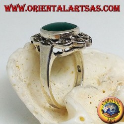 Silver ring with oval green agate surrounded by ellipses with marcasite