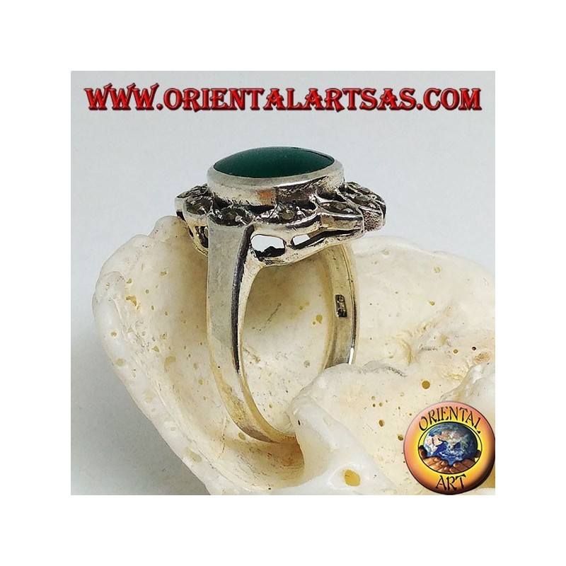 Anello Agata Verde Ovale Ellissi Marcasiti Argento 925 | Oriental Art
