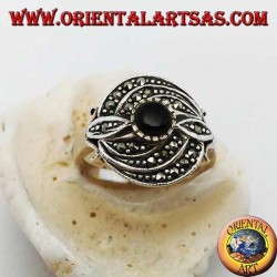 Silver ring with round onyx and triple concentric line of marcasite