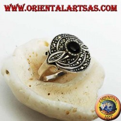 Silver ring with round onyx and triple concentric line of marcasite