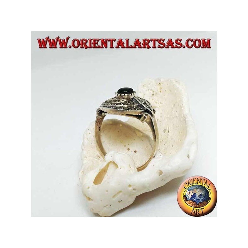 Silver ring with round onyx and triple concentric line of marcasite