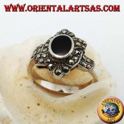 Silver ring with oval onyx surrounded by marcasite with an oblique band