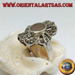 Silver ring with oval agate surrounded by a triple line cross pierced with marcasite