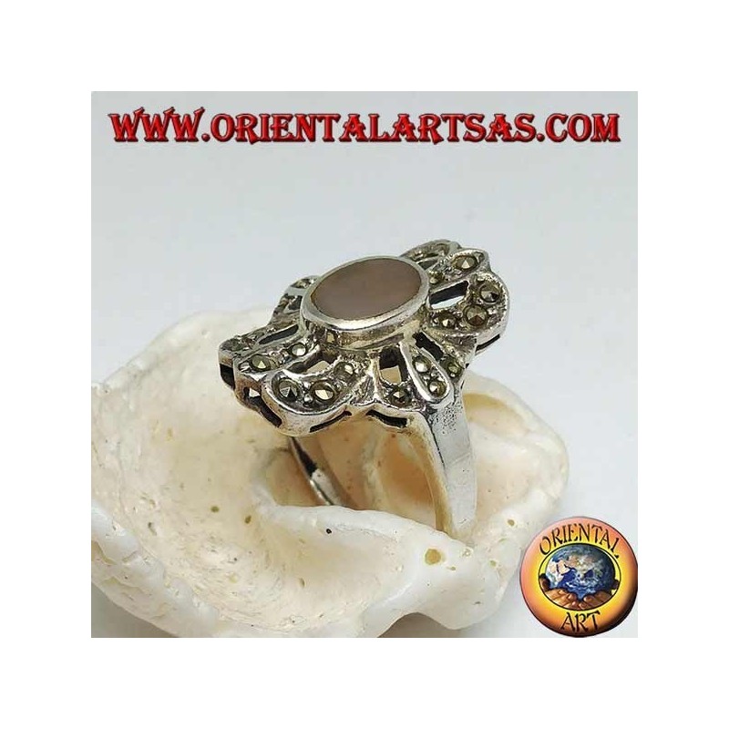 Silver ring with oval agate surrounded by a triple line cross pierced with marcasite